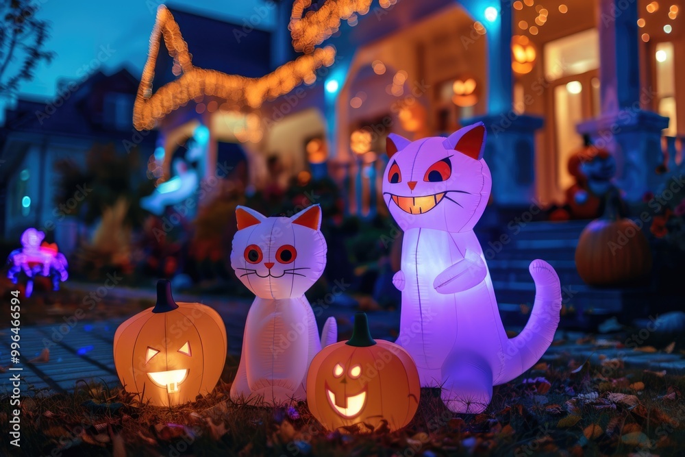 Naklejka premium Halloween house with illuminated outdoor decorations and inflatable figures