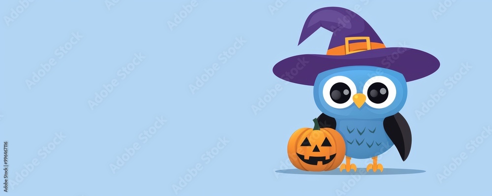 An owl with a large witch hat, holding a small pumpkin, ready for Halloween festivities.