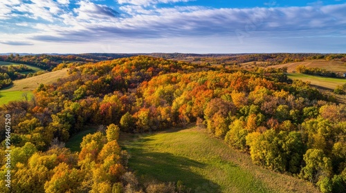 Aerial view of a forested hill with vibrant fall colors, with space for text in the sky above.