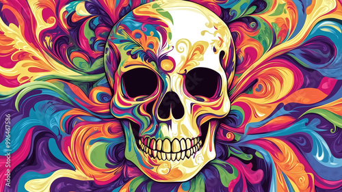 colorful abstract illustration of skull with vibrant swirling patterns in background, creating psychedelic and artistic effect