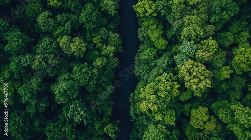 Aerial view of a river cutting through a dense forest, with space for text above the canopy.