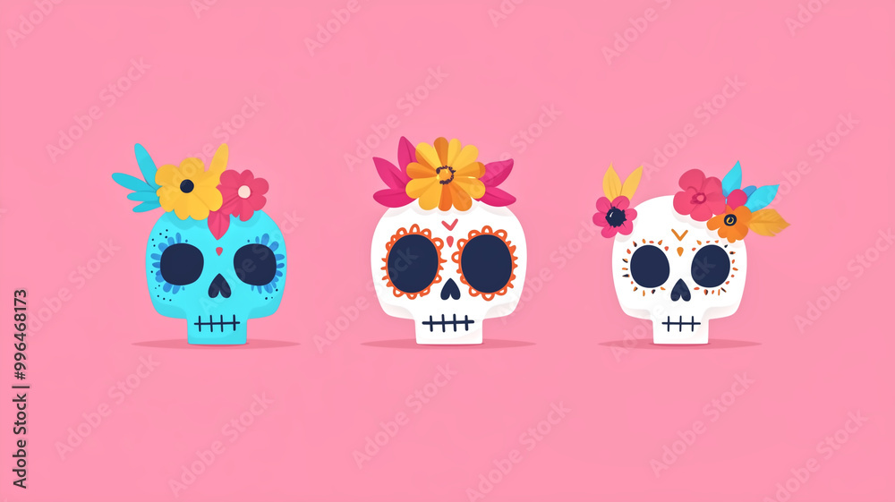 Fototapeta premium Three colorful sugar skulls decorated with flowers on pink background, representing Day of Dead celebration
