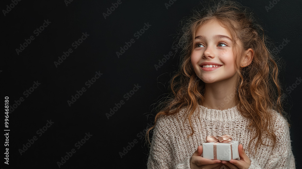 beautiful smiling young teenage girl in stylish clothes holding small gift box with bow, christmas, new year, birthday, valentine's day, present, purchase, copy space, place for text, celebration beautiful smiling young teenage girl in stylish clothes holding small gift box with bow, christmas, new year, birthday, valentine's day, present, purchase, copy space, place for text, celebration