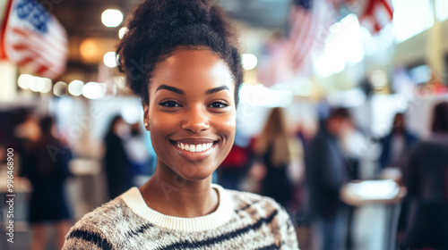 A joyful woman stands confidently while voting in a lively U.S. election setting, surrounded by colorful flags and fellow participants in the democratic process