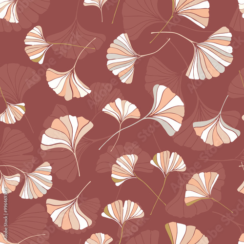 A seamless pattern of ginkgo leaves in deep red colors, a variation of hand-drawn ginkgo leaves, an elegant botanical background 