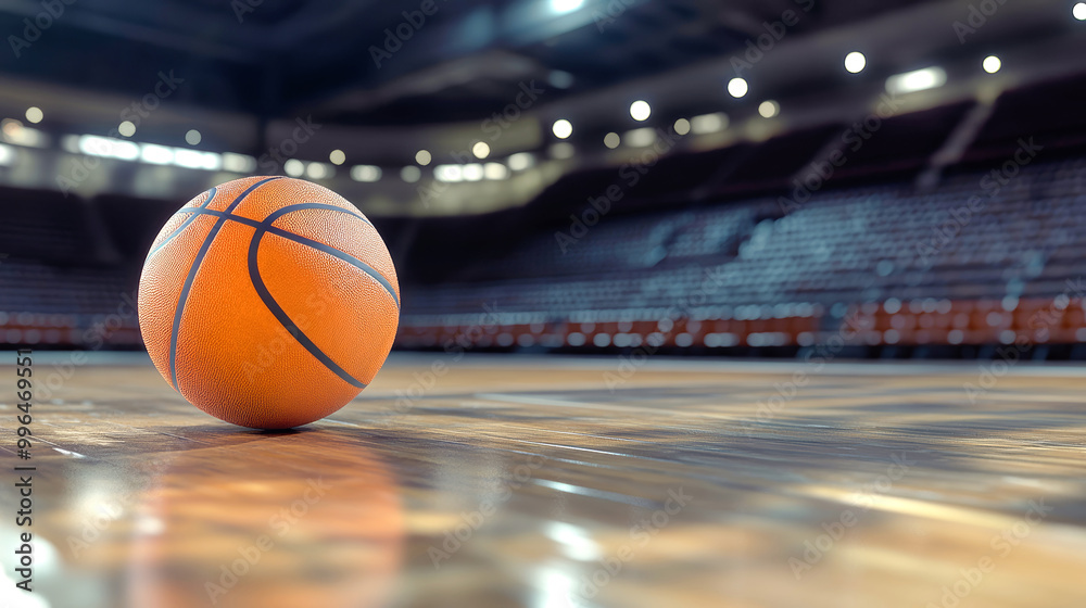 On a gleaming court in an echoing stadium, a solitary basketball awaits action, embodying the spirit of competition and passion for the game On a gleaming court in an echoing stadium, a solitary basketball awaits action, embodying the spirit of competition and passion for the game