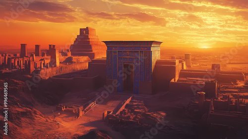 Ancient city of babylon ruins with ishtar gate's vibrant blue-glazed bricks, ziggurats, and crumbling stone walls amidst mesopotamian desert landscape sunset. Ancient Mesopotamia. Illustration photo