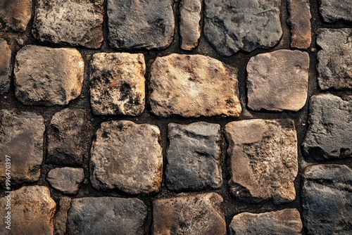 Cobblestone street texture, with uneven stones and weathered surfaces