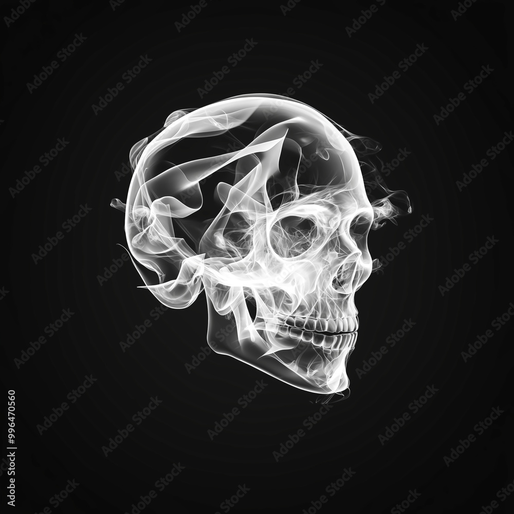 ghostly skull with wisps of smoke emanating from it, set against dark background, creating haunting and eerie atmosphere ghostly skull with wisps of smoke emanating from it, set against dark background, creating haunting and eerie atmosphere