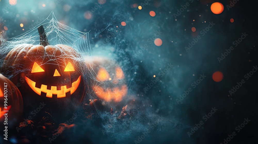 Naklejka premium Spooky Halloween Pumpkins in a Foggy Forest