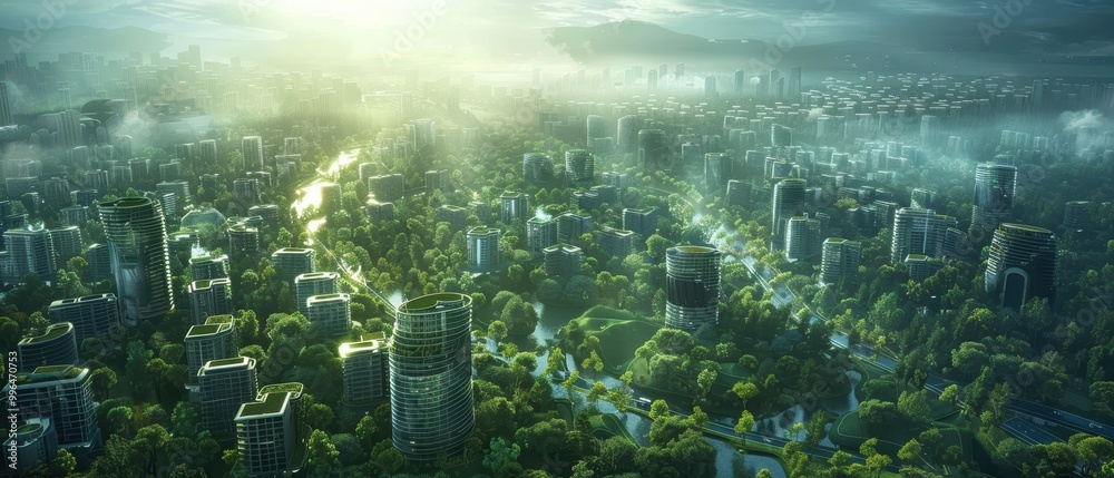 Fototapeta premium Aerial View of a Futuristic Tech Hub City Landscape
