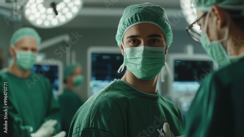 Surgical Team in Operating Room with Focus on Male Surgeon