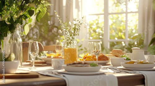 A beautifully arranged dining table filled with fresh food, drinks, and flowers, set in a sunlit room, creating a warm and inviting atmosphere.