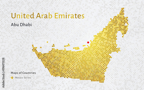 Gold Glossy map of United Arab Emirates: A Mosaic Map with Abu Dhabi at its Center
