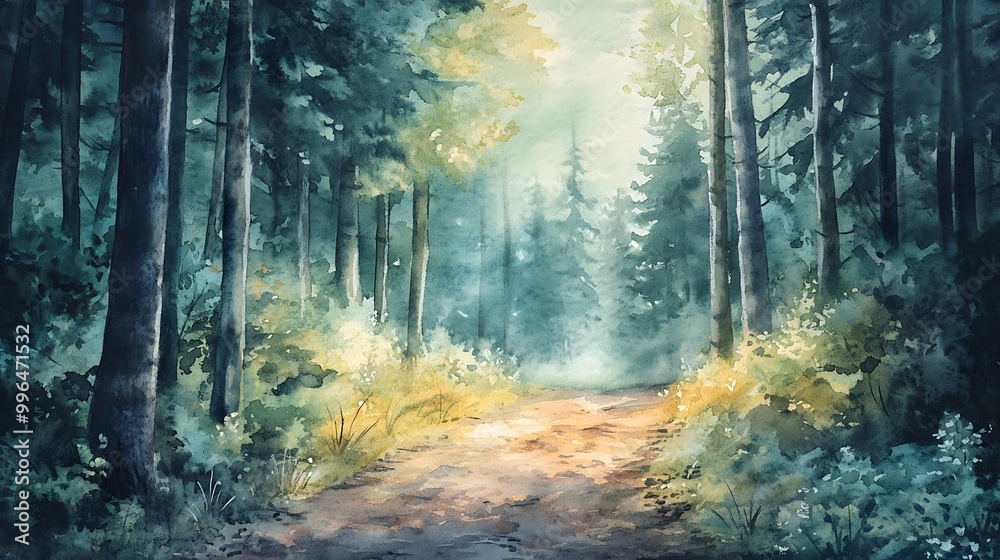Watercolor Painting of a Path Through a Misty Forest. Watercolor Painting of a Path Through a Misty Forest.