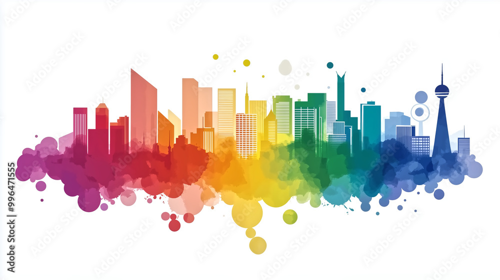 vibrant and colorful illustration of city skyline with various buildings and skyscrapers, integrating green spaces and urban planning elements