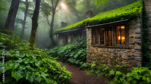 serene and mystical forest scene, where a stone house covered in lush green ivy blends harmoniously with its natural surroundings.