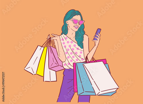Illustration of happy woman with shopping bags, shopping happily in retro style, happy shopping, Design wallpaper, background, phone screensaver, banner, flyer, print. vector flat color.