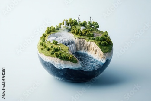 Miniature globe with green landscape, waterfall, and wind turbines, representing sustainable energy and environmentalism.