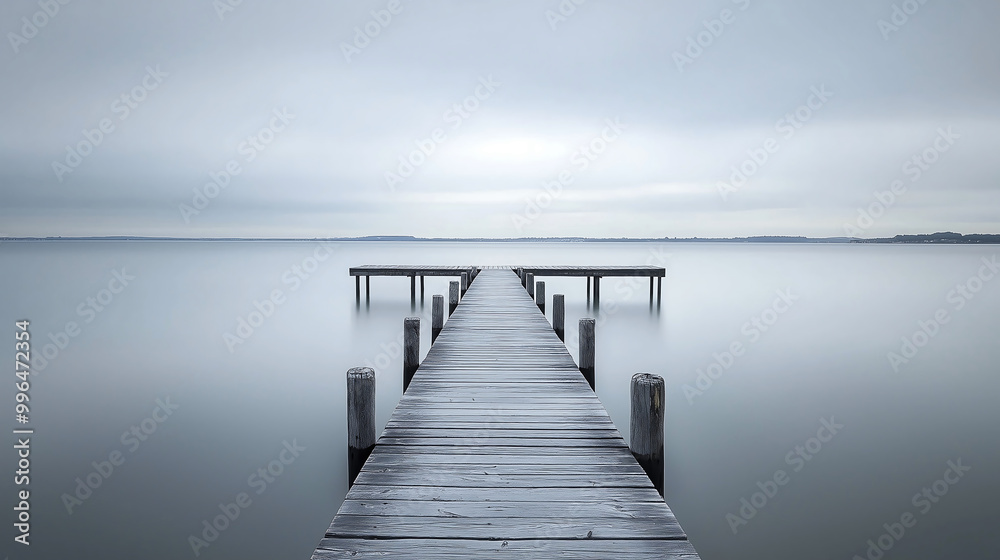 Obraz premium Minimalist Pier Leading into Foggy Water on a Calm Day