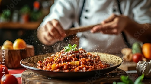 Authentic Italian Ragu alla Bolognese Presentation by Chef on Italian Flag Background with Copy Space