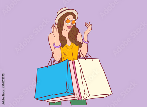 Illustration of happy woman with shopping bags, shopping happily in retro style, happy shopping, Design wallpaper, background, phone screensaver, banner, flyer, print. vector flat color.