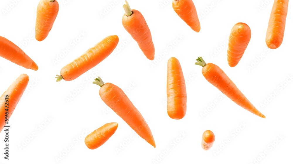 Various carrots falling in mid-air isolated on a white backdrop Various carrots falling in mid-air isolated on a white backdrop