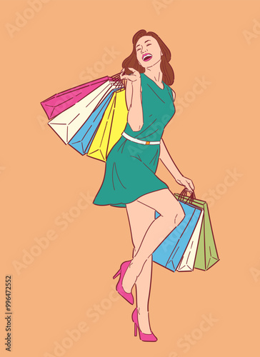 Illustration of happy woman with shopping bags, shopping happily in retro style, happy shopping, Design wallpaper, background, phone screensaver, banner, flyer, print. vector flat color.