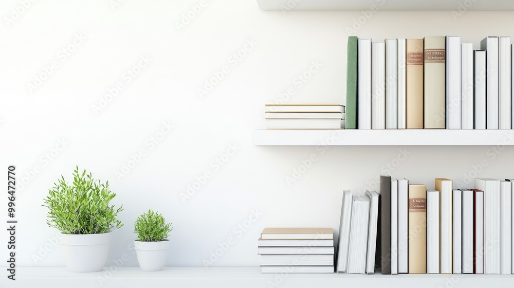 Minimalistic bookshelves with neatly arranged books and potted plants, isolated on a white background for a clean look. Minimalistic bookshelves with neatly arranged books and potted plants, isolated on a white background for a clean look.