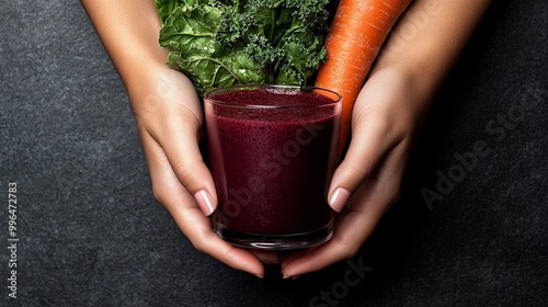 A vibrant smoothie is held ...
