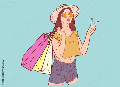 Illustration of happy woman with shopping bags, shopping happily in retro style, happy shopping, Design wallpaper, background, phone screensaver, banner, flyer, print. Vector flat color.