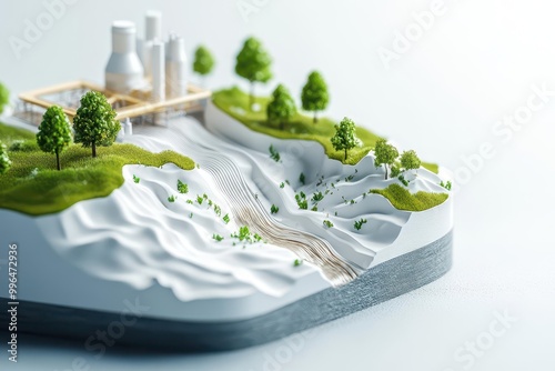 Miniature model of a city with a waterfall and green trees.