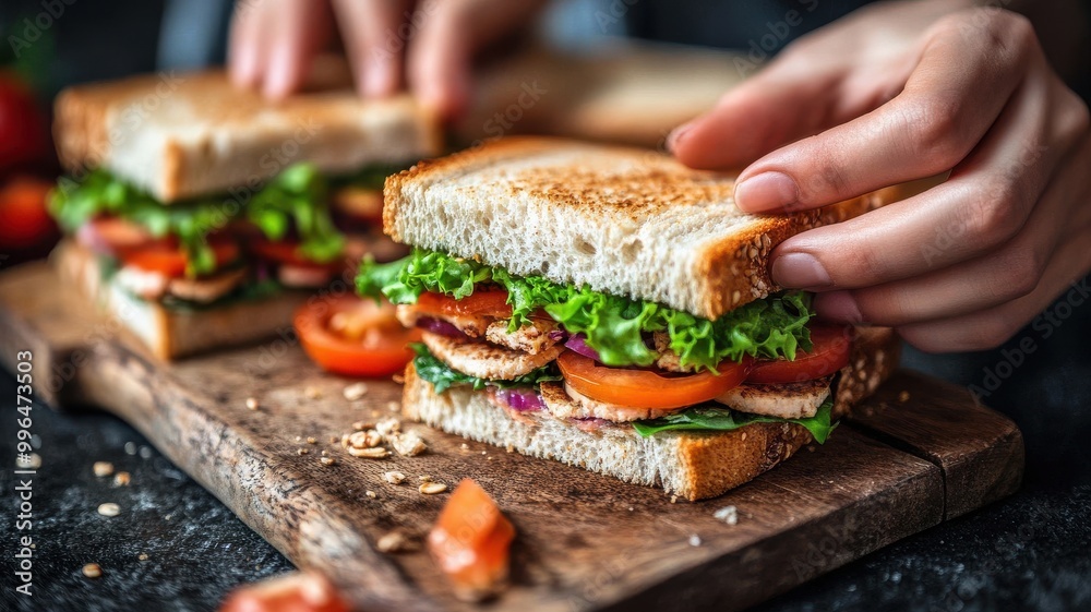 A fresh sandwich being prepared on a wooden board with vibrant vegetables. A fresh sandwich being prepared on a wooden board with vibrant vegetables.