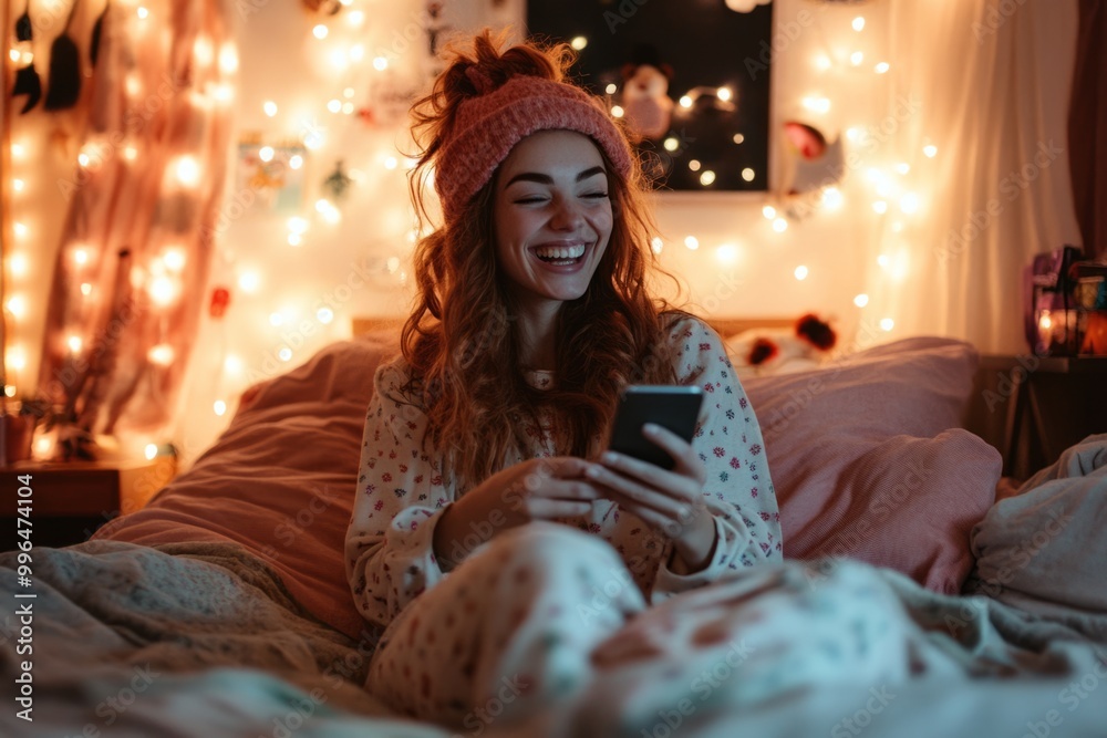A cozy night in with warm lights and a cheerful smile. The woman enjoys her time on the phone in pajamas. Perfect for lifestyle themes. Generative AI