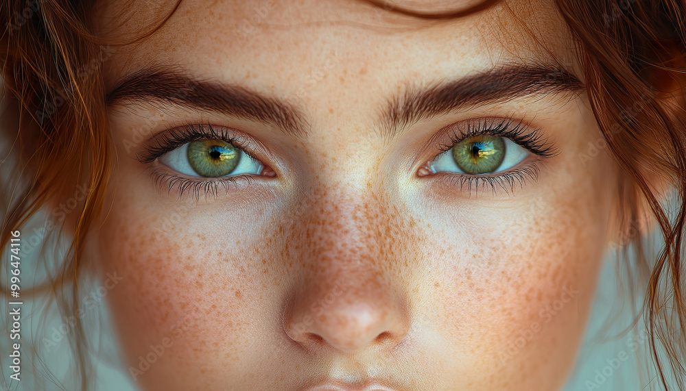 Fototapeta premium Close-Up Portrait of Woman’s Face with Freckles and Radiant Skin