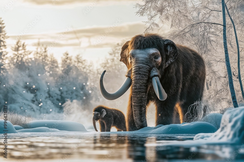 Woolly Mammoth and its baby in a Snowy Forest during Ice Age Stock ...