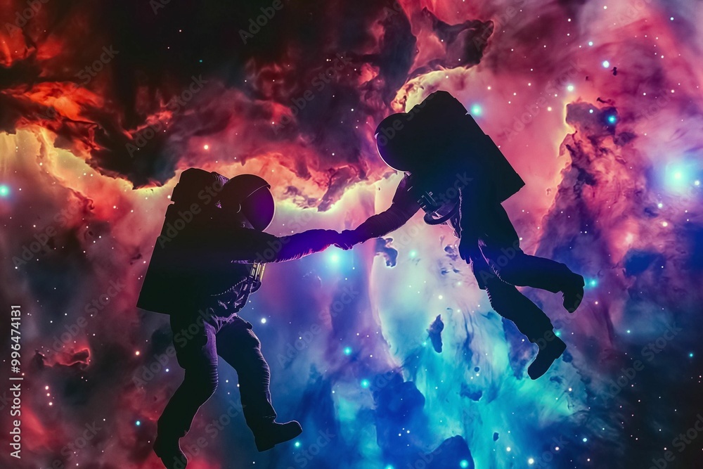 Naklejka premium astronauts holding out their hands in open space, behind them a beautiful galaxy with ultra-saturated colors