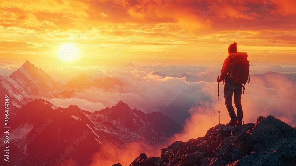 Portrait of a adventurous Asian mountain guide leading a trek on a bold, sunrise-inspired background with free copy space Portrait of a adventurous Asian mountain guide leading a trek on a bold, sunrise-inspired background with free copy space