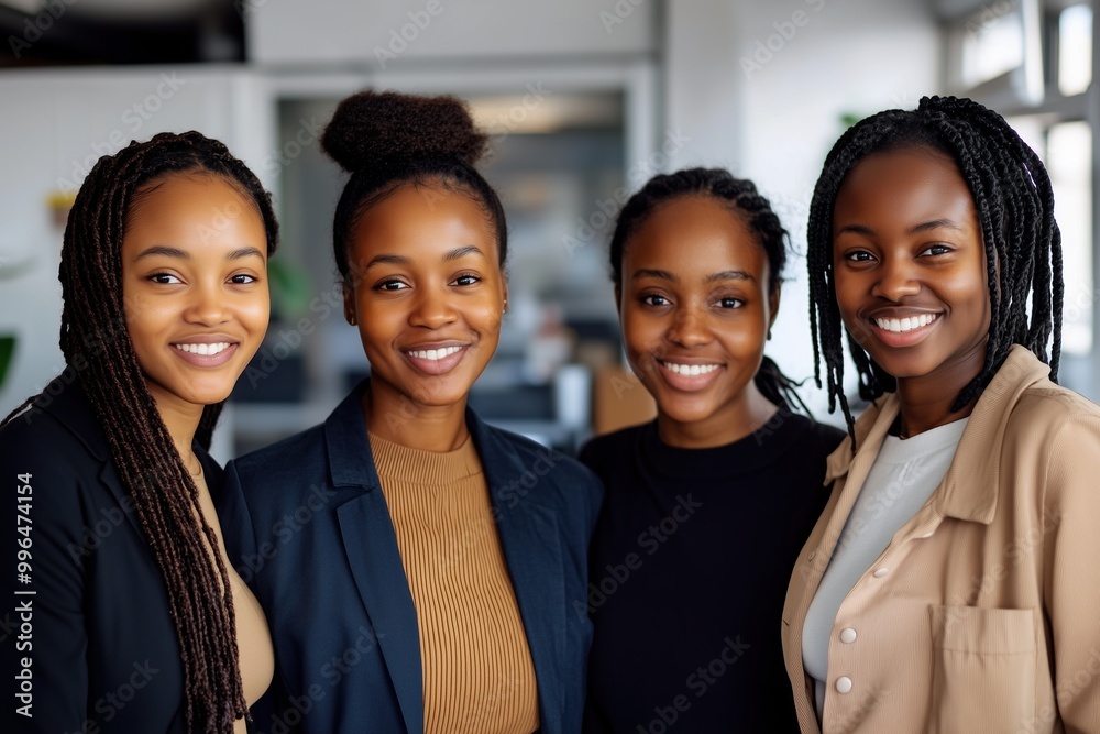 Four women with long hair are smiling for the camera Four women with long hair are smiling for the camera