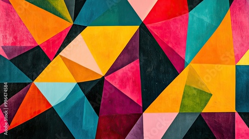 Geometric abstract pattern with sharp angles and vibrant, contrasting colors.