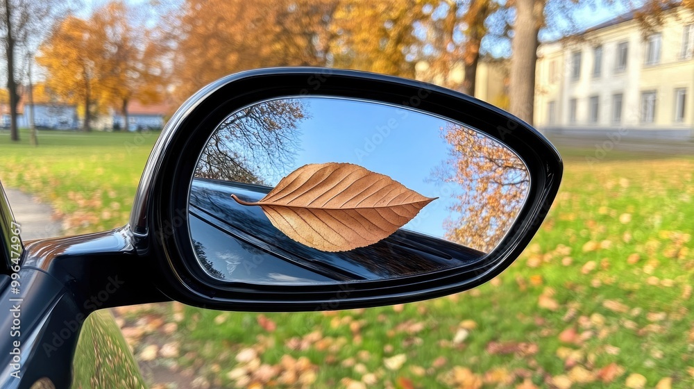 The rear-view mirror captures a vibrant autumn leaf resting on the surface, while the backdrop reveals a lush garden filled with trees and bushes, evoking a serene fall atmosphere The rear-view mirror captures a vibrant autumn leaf resting on the surface, while the backdrop reveals a lush garden filled with trees and bushes, evoking a serene fall atmosphere