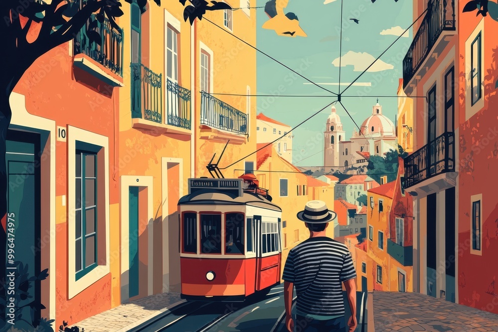 Obraz premium Minimalist Flat Illustration of Lisbon’s Alfama District with Fisherman