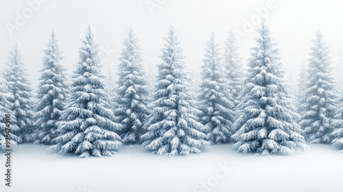 Snow covered evergreen trees in a serene winter forest scene, evoking tranquility and natural beauty