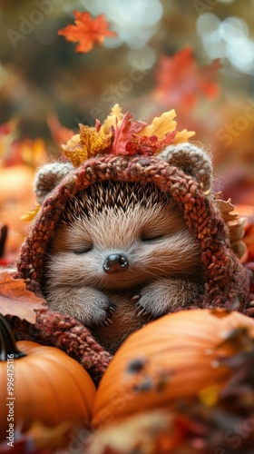 A sleepy hedgehog in a fuzzy bear costume curled up in a pumpkin patch, surrounded by fall foliage