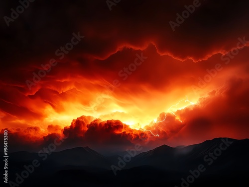 Night sky ablaze with fire and lightning, casting an ethereal glow over distant mountains, Sky on Fire, Powerful nature