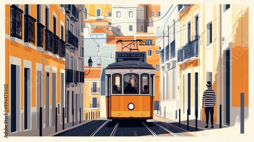 Minimalist Flat Illustration of Lisbon’s Alfama District with Fisherman

