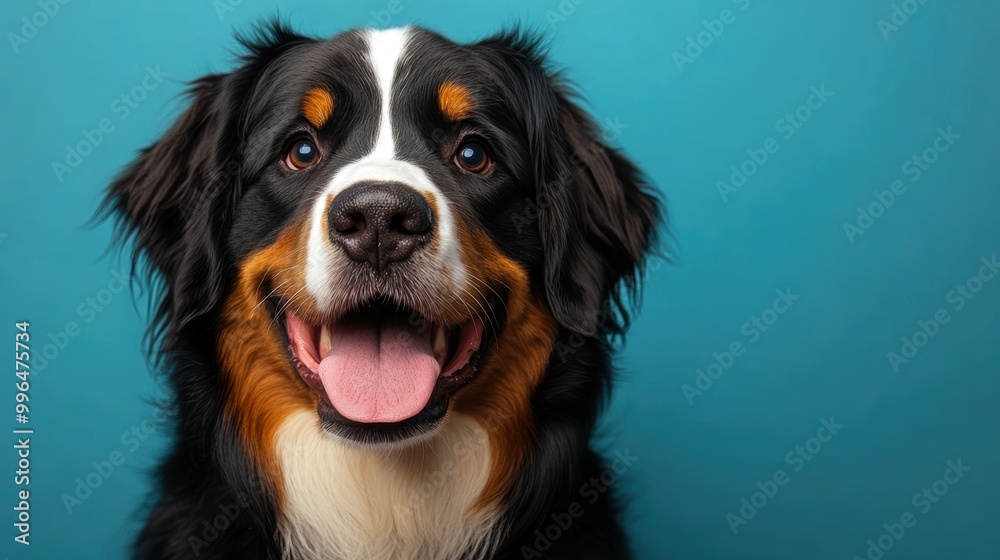 Energetic Bernese Mountain Dog happy head portrait on a liteblue background in the studio Energetic Bernese Mountain Dog happy head portrait on a liteblue background in the studio