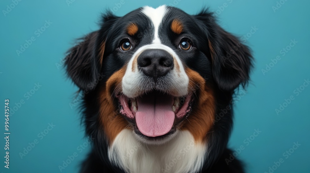 Energetic Bernese Mountain Dog happy head portrait on a liteblue background in the studio Energetic Bernese Mountain Dog happy head portrait on a liteblue background in the studio