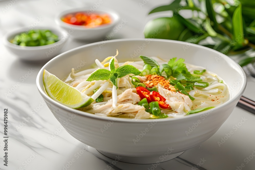 Delicious Chicken Noodle Soup with Rice Noodles, Lime, and Chili Pepper Delicious Chicken Noodle Soup with Rice Noodles, Lime, and Chili Pepper