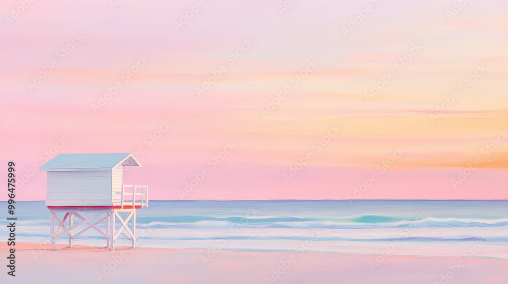 Lifeguard stand at sunset on a serene beach with pastel skies Lifeguard stand at sunset on a serene beach with pastel skies